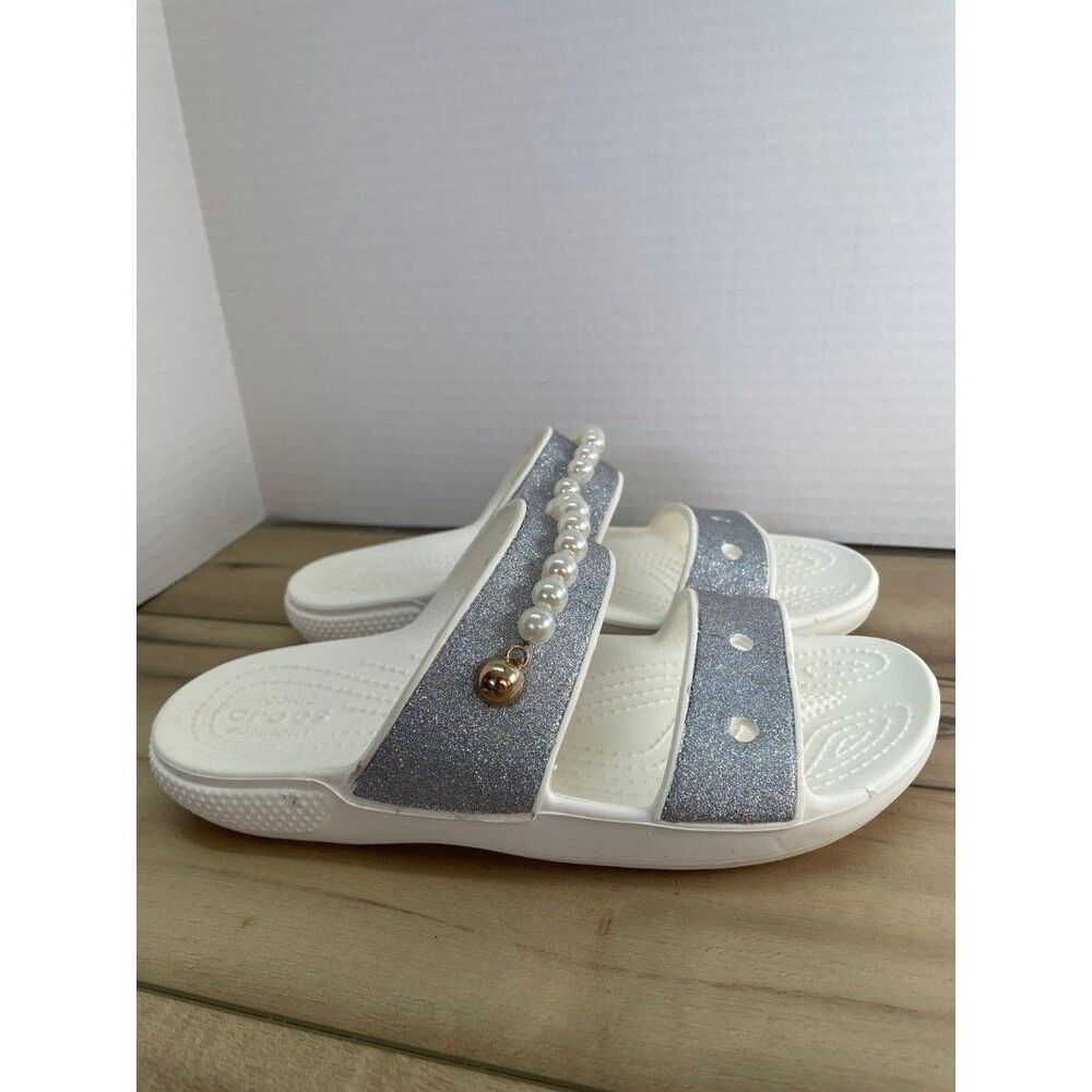 Crocs slip on silver glitter ll slide sandal with beads W6